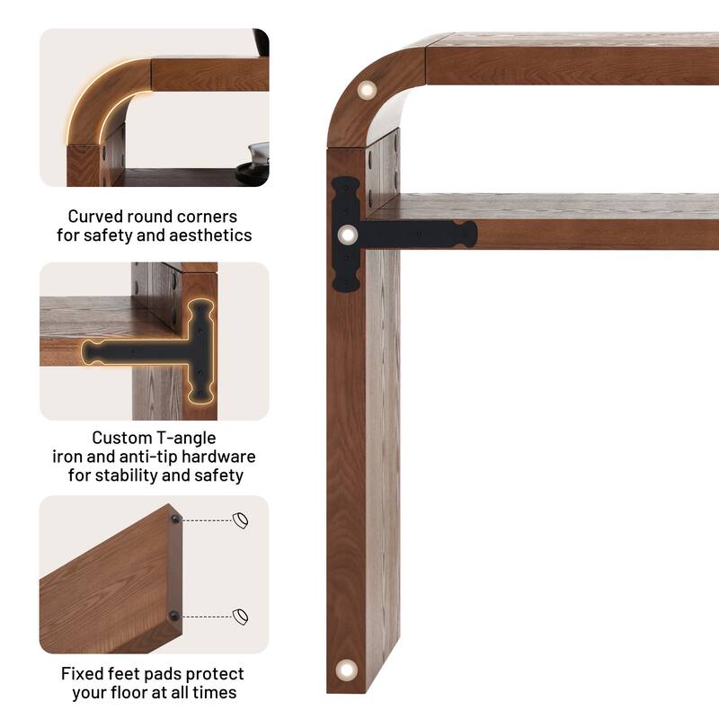 59.4" 2-Tier Curved Long Console Table with Solid Oak Wood Veneer - 59.45"L x 13.78"W x 32.87"H