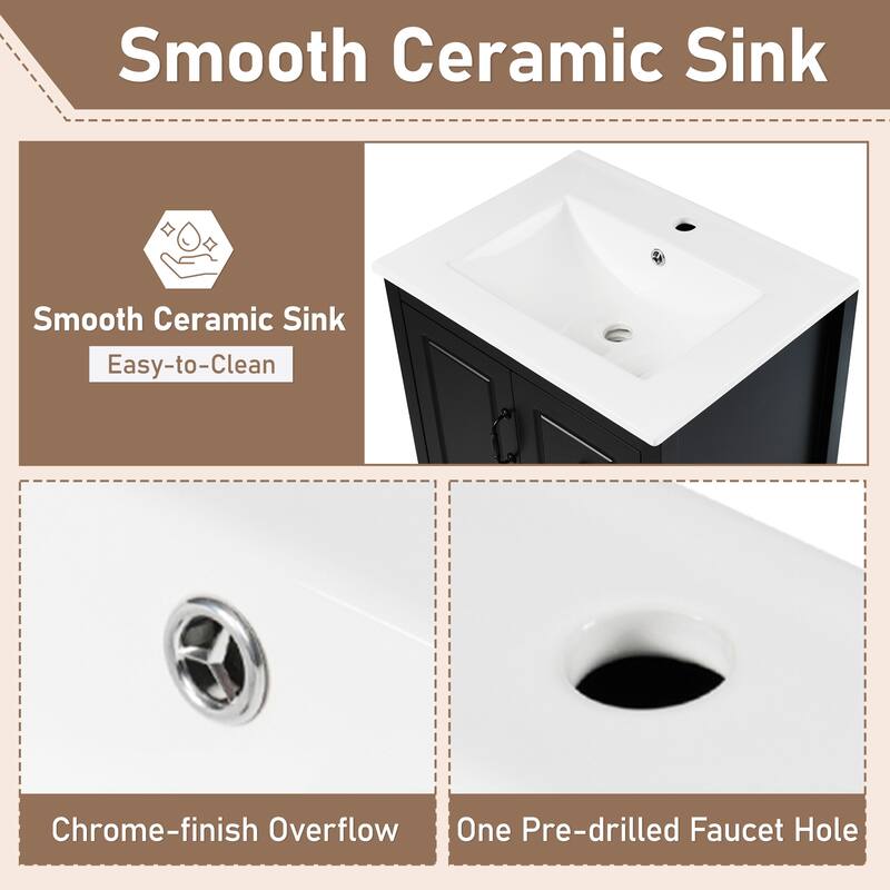 24 inch Bathroom Vanity with Sink, One Cabinet with Soft-closing Door, 3 Soft-closing Drawers, Retro Metal Handles