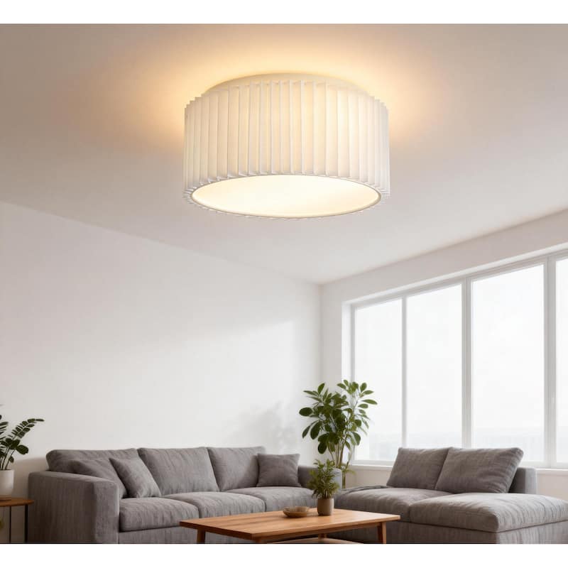 2-Light Modern Fabric Flush Mount Ceiling Light with Pleated Drum Shade - White - White