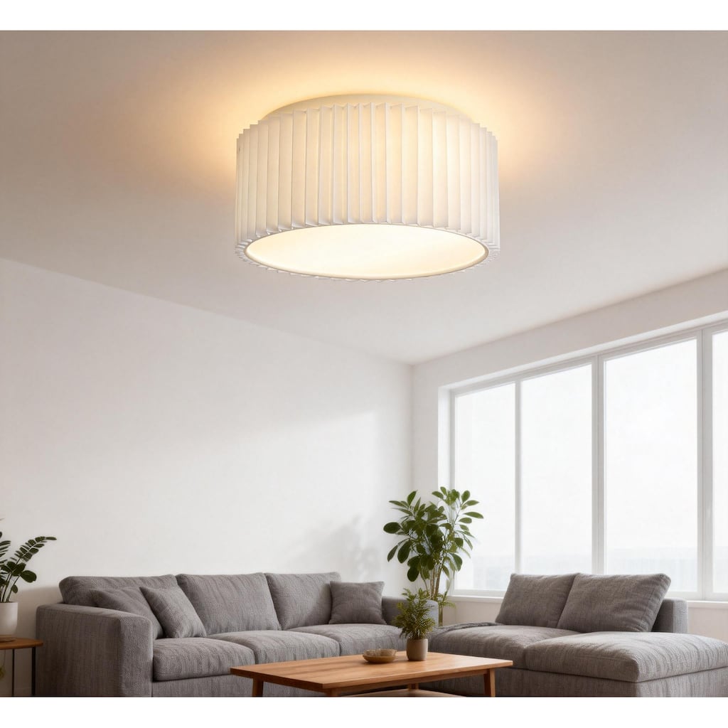 2-Light Modern Fabric Flush Mount Ceiling Light with Pleated Drum Shade - White