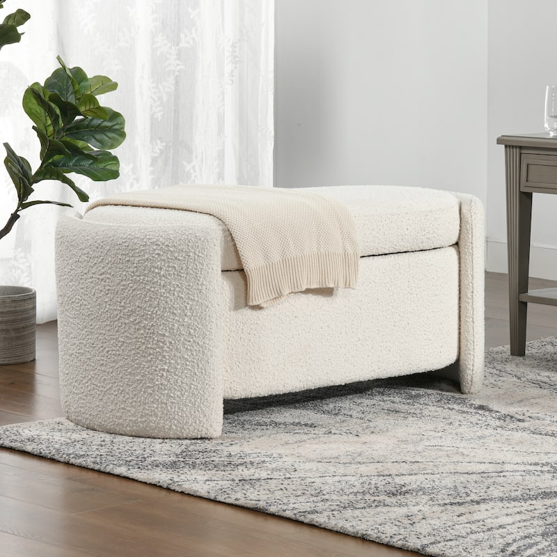 Fuji 43" Ivory White Boucle Sherpa Upholstered Oval Storage Bench - 43"W X 21"D X 18.5"H
