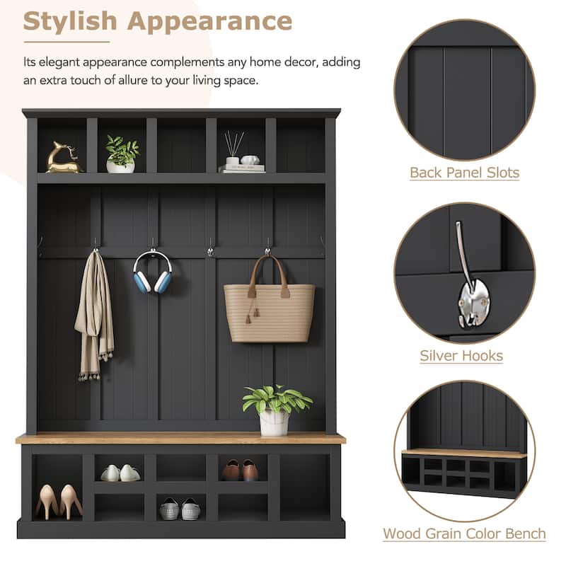 Hall Tree Storage Cabinet with 4 Hidden Hooks, Bench, and Open Compartments