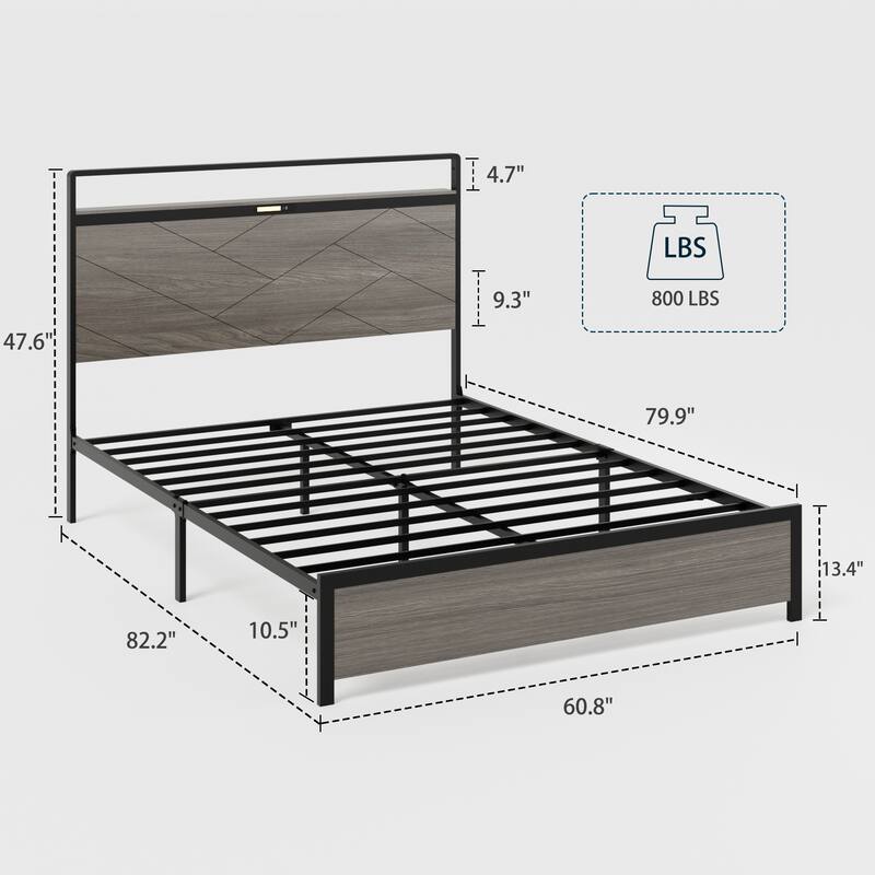 Modern Metal Platform Bed Frame with Wood Headboard LED Lights, USB & Type-C Charging Station, Large Underbed Storage