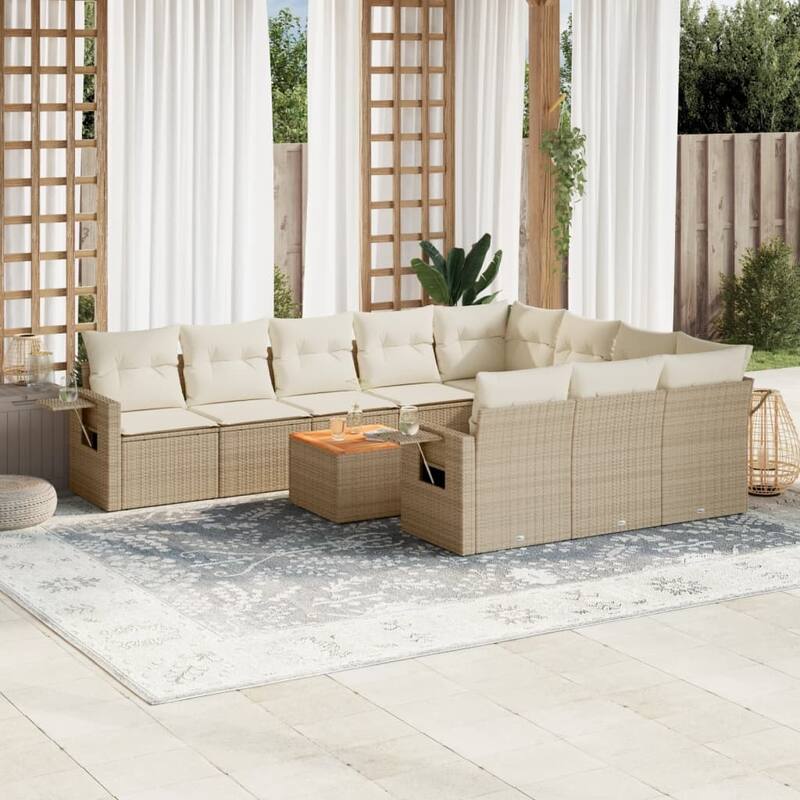 vidaXL Garden Sofa Set with Cushions Outdoor Sofa Set Corner Seat Poly Rattan - Beige Table + 6x middle + 2x corner - 122.8 x 92.1 x 35.0 in. (L x W x H)