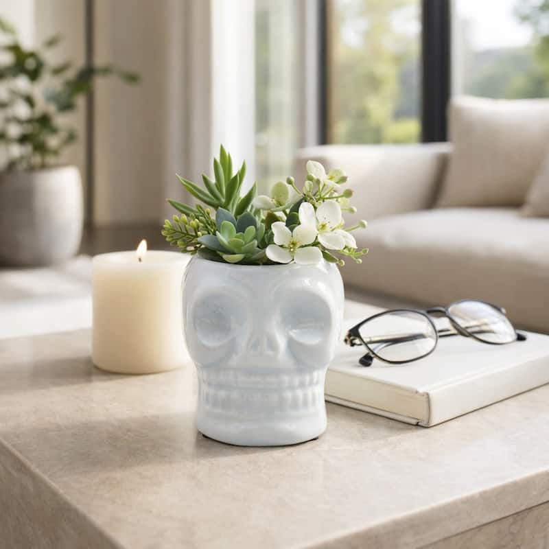 Decorative Ceramic Skull Table Vase - White - 5.0"