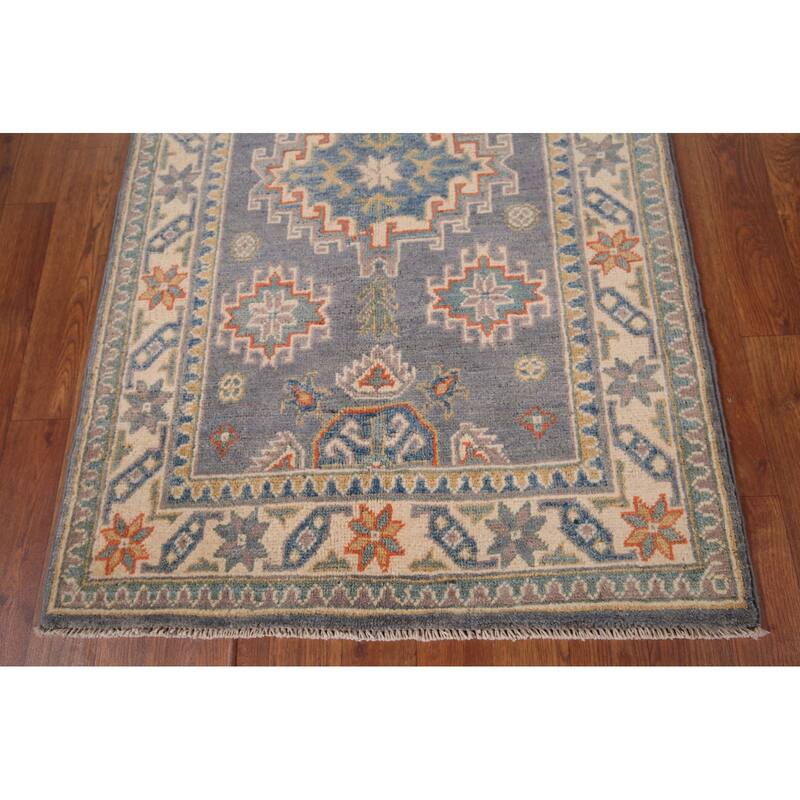 Gray Geometric Kazak Accent Rug Hand-Knotted Foyer Wool Carpet - 2'8" x 4'1"