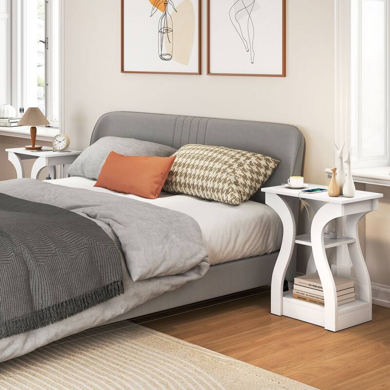 Gymax End Tables w/Charging Station Set of 2 3-Tier Side Tables w/USB