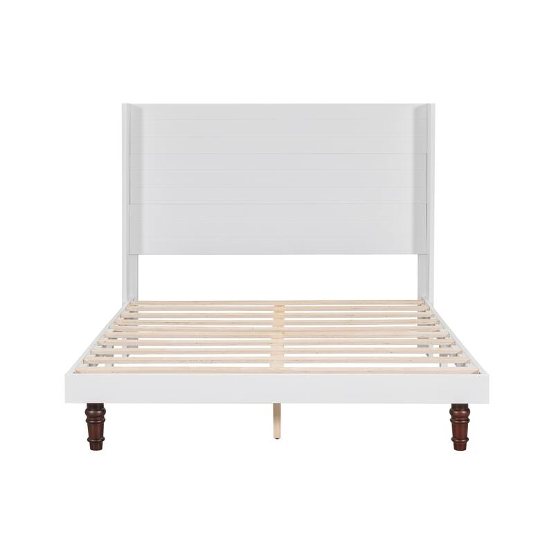 Simple Lines Platform Bed High Headboard Wingback Bed, Wood Slat Support Low Profile Platform Bed, Wingback Panel Bed