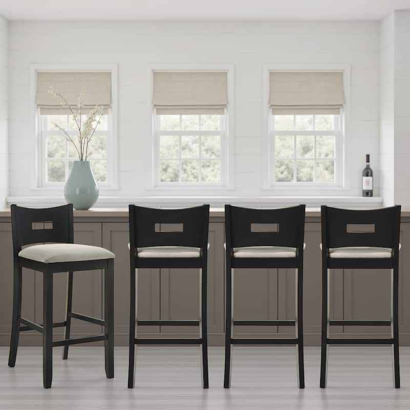 Ren Rubberword Bar Stool, Ivory Upholstered Counter Height Stool - Set of 4 - Fog/Matte Black - Bar Height