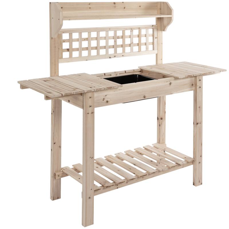 Outsunny 39'' x 18'' x 55'' Wood Garden Potting Work Table with Hidden Storage, Sink Basin, & Below Clapboard