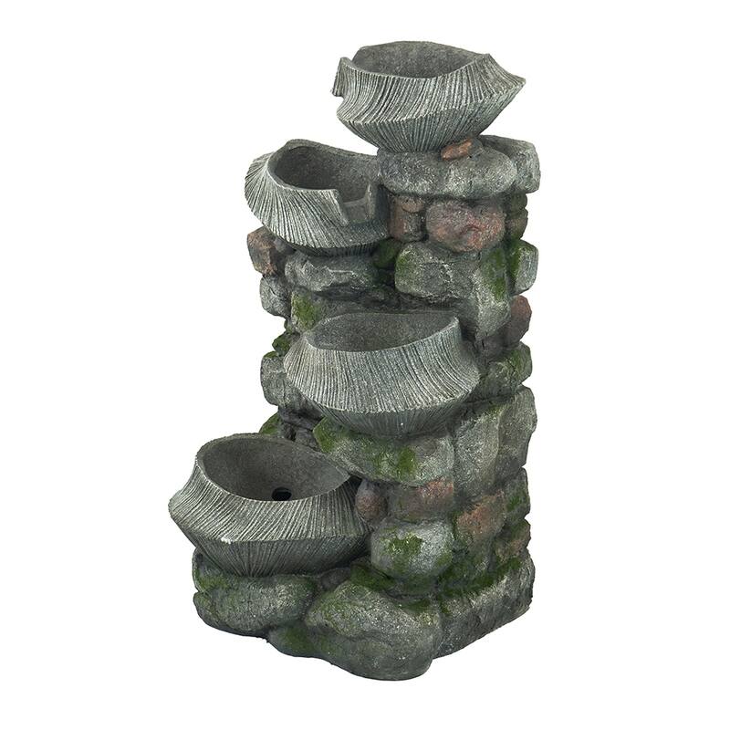 19x15x31.5" Indoor Outdoor Stone Water Fountain, 4-Tier Polyresin Cascading Rock Bowl Freestanding Fountain with LED Light