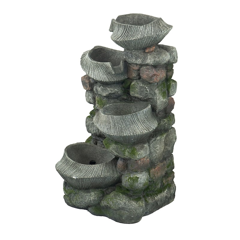 Stone Water Fountain, 4-Tier Polyresin Cascading Rock Bowl Freestanding Fountain with LED Ligh - Grey