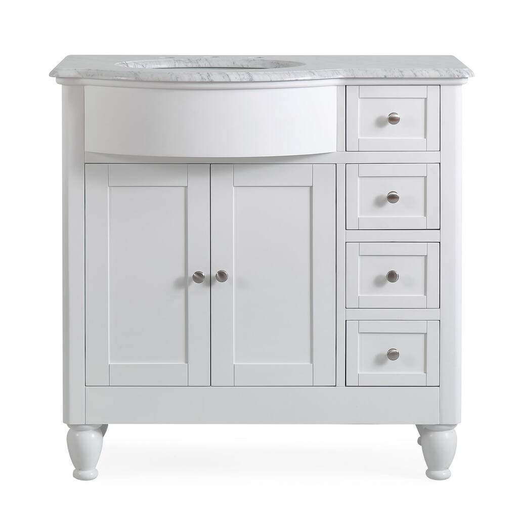 38" White Bathroom Vanity Single Left Side Sink Cabinet Marble Top