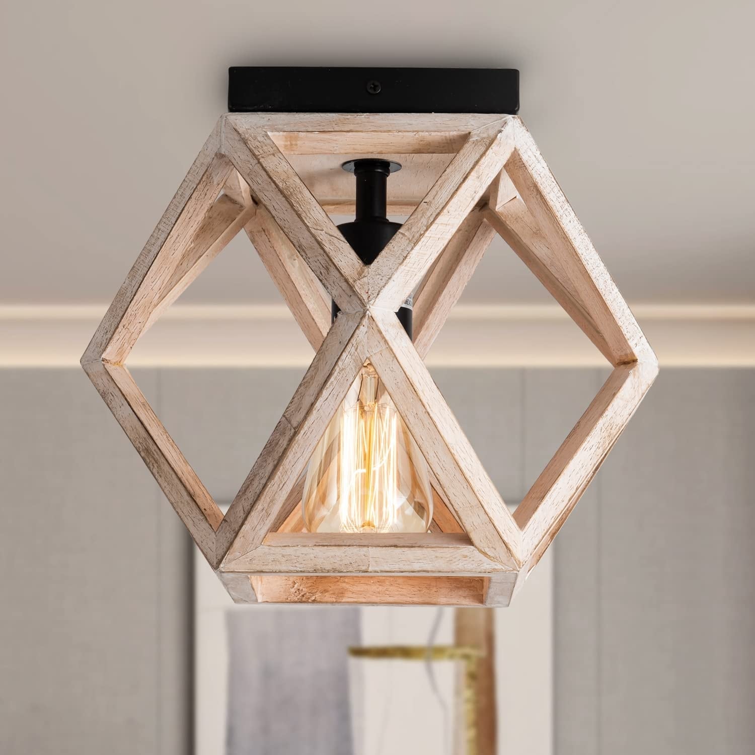 Industrial wood flush mount ceiling lamp farmhouse close to ceiling lighting fixture geometric cage light Bed Bath Beyond 36583532