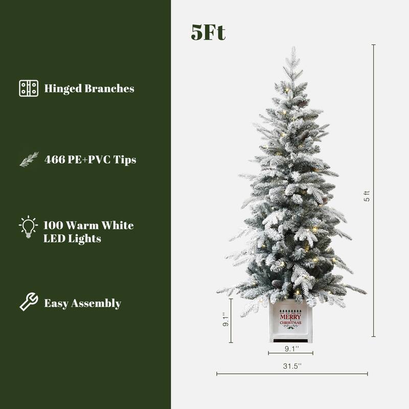 5Ft Pre-Lit Snow Flocked Full Pine Potted Artificial Christmas Tree - 60" H x 31.5" Diameter