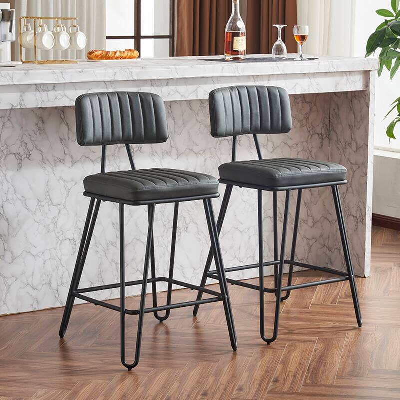 Industrial Style Bar Stools Set of 2, Faux Leather Bar Chairs with Metal Frame,Counter Height for Kitchen Island