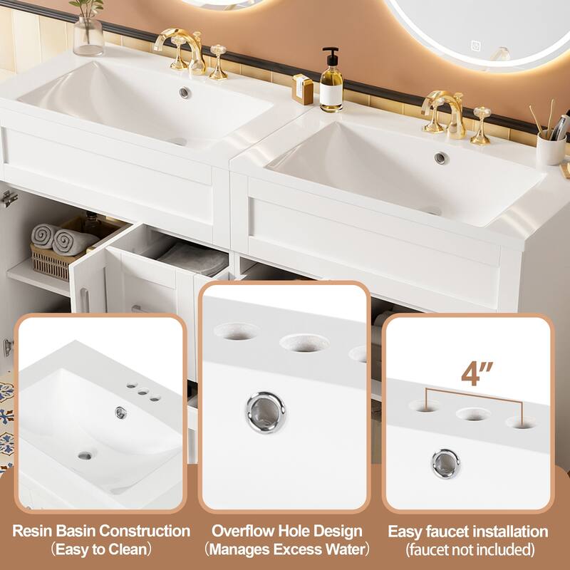 60" Double Bathroom Vanity with Dual SMC Resin Sinks, 4 Doors, 4 Drawers, and Soft-Close Hardware