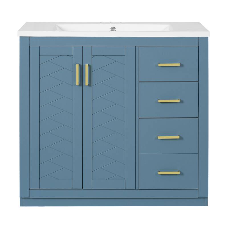 Freestanding Geometric Pattern Bathroom Vanity Solid Wood Frame Storage Cabinet with Sink, 3 Drawers and Soft Closing Doors