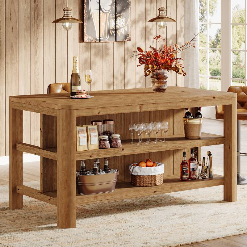 63'' Solid Wood Bar Table, Counter Height Pub Table with Storage Shelves