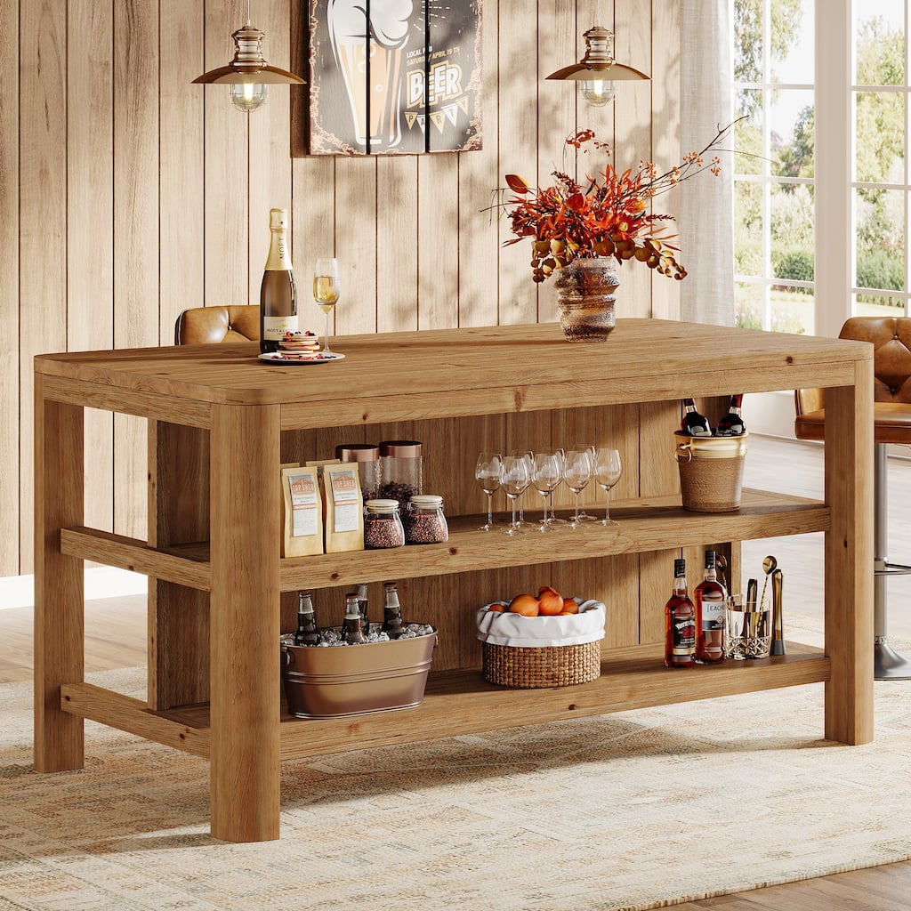 63-Inch Solid Wood Bar Table with Storage Shelves - 63.0" W x 28" D x 35.4" H