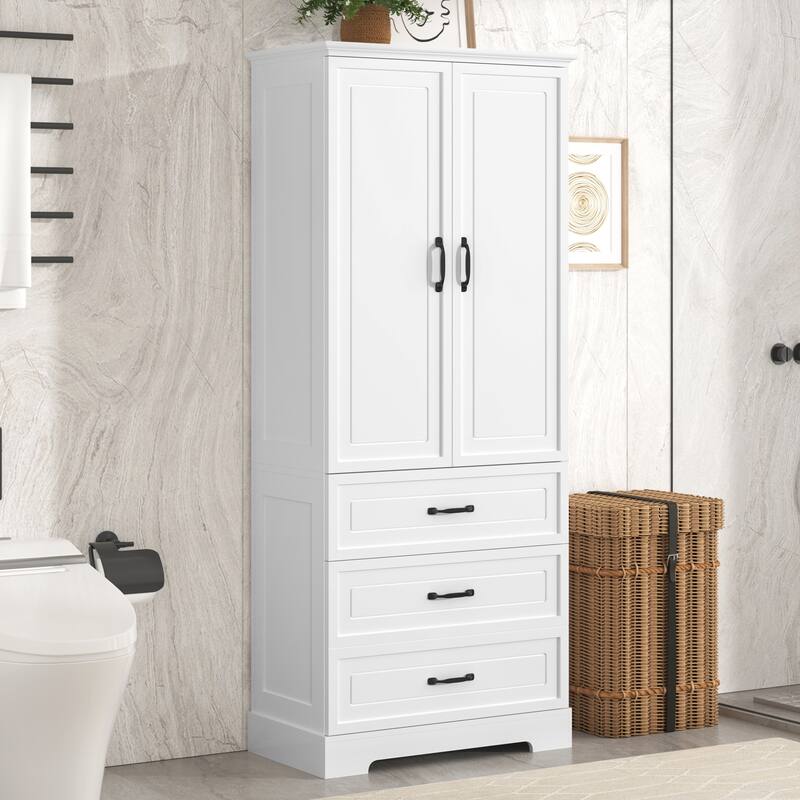 Anti-tipping Device Storage Cabinet for Bathroom with Shelves, Adjustable Shelf, Magnetic Door Stopper and Metal Door Handles - White