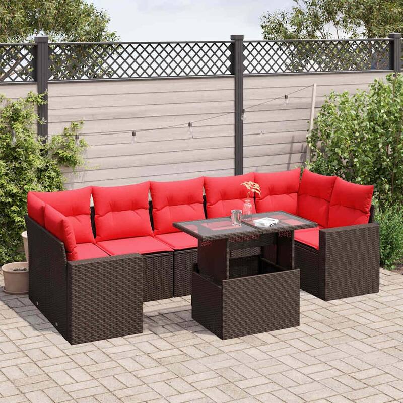 vidaXL Patio Sofa Set with Cushions and Table Outdoor 8 Piece Poly Rattan - 24.4 x 24.4 x 27.2 - Brown without storage
