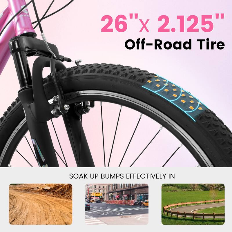 Women/Teens' Bicycle - Shock-Absorbing Front Fork, Multiple Speeds, V-Brakes, Mountain Tires - 26