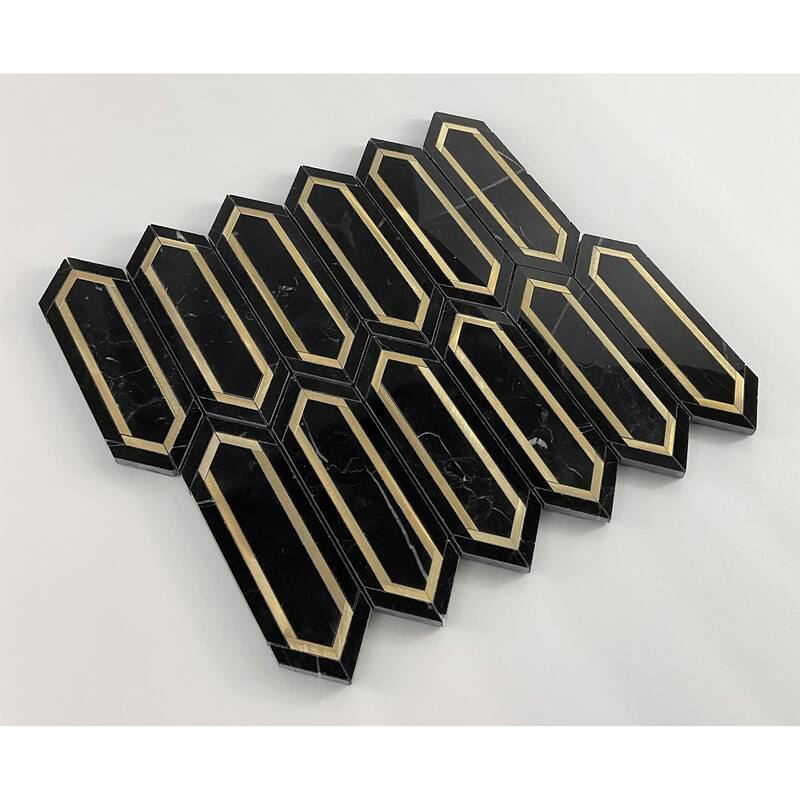 Nero Marquina and Gold Metal Long HoneyComb Marble Mosaic Tiles - Case (10 Sheets)