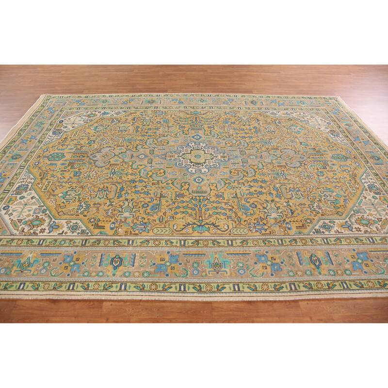 Hand Knotted Oriental 100% Wool Carpet Traditional Medallion Yellow & Gold Tabriz Area Rug - 11' 5'' X 8' 1''