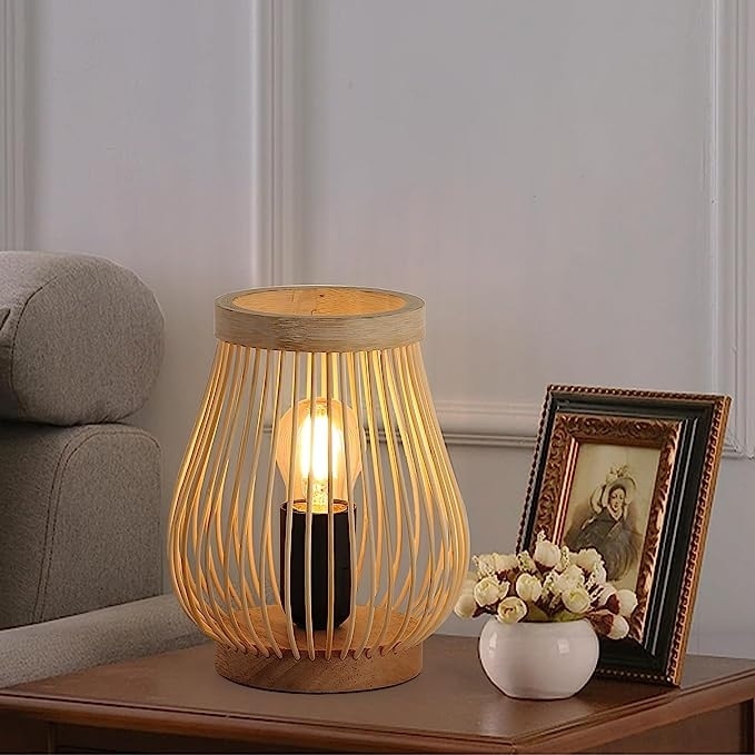 Farmhouse Natural Bamboo Rattan Table Lamp, Boho Handmade Woven