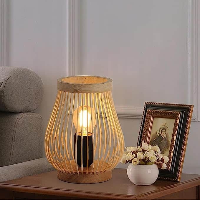 Farmhouse Natural Bamboo Rattan Table Lamp, Boho Handmade Woven Round