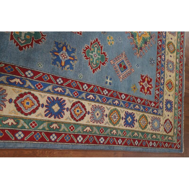 Hand Knotted Oriental 100% Wool Carpet Traditional Geometric Navy Blue & Blues Kazak Area Rug - 9' 6'' X 6' 8''