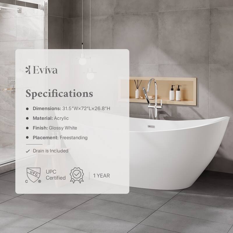 Eviva Bella Glossy White Acrylic Double Slipper Freestanding Bathtub