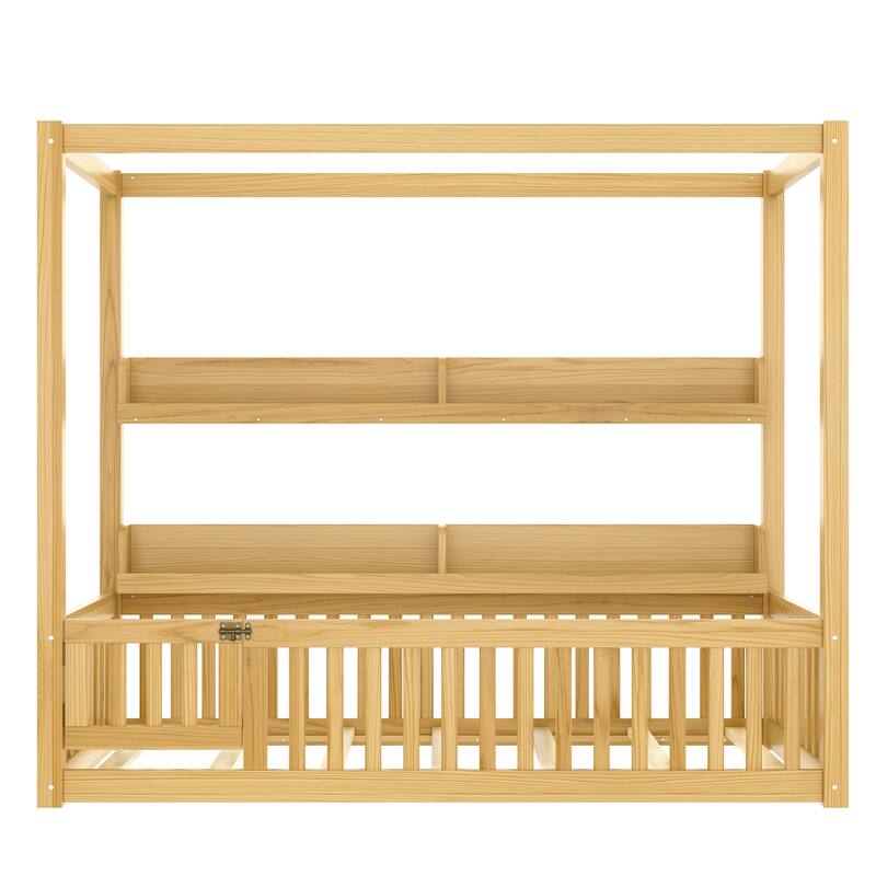 Full/Twin Montessori Floor Bed with Canopy, Guardrails & Shelves