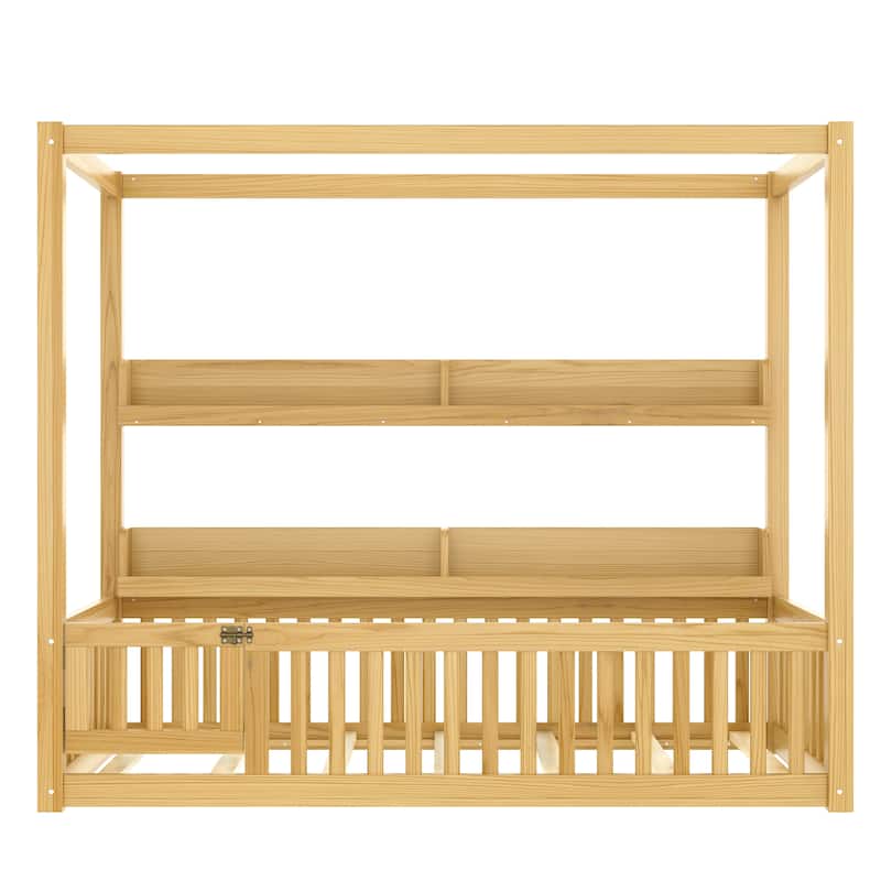 Twin Size Canopy Bed with Guardrails, Solid Wood Floor Bed with Shelves, Montessori Floor Bed Frame, No Spring Box Needed