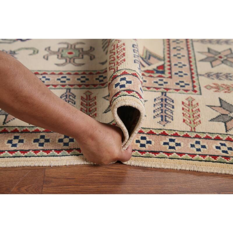 Hand Knotted Oriental 100% Wool Carpet Traditional Geometric Beige & Ivories Kazak Area Rug - 9' 7'' X 6' 7''