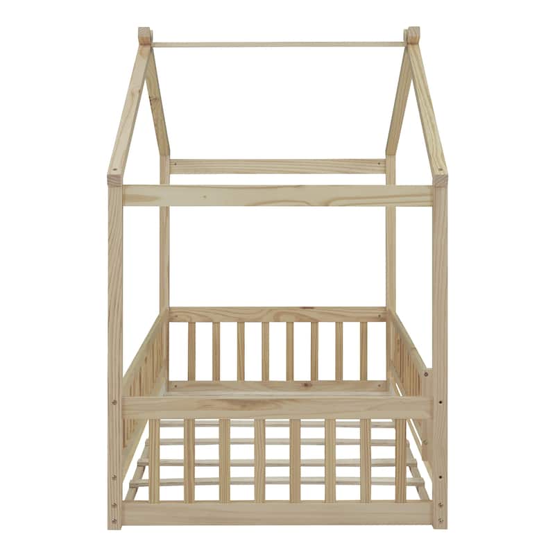 Wood Bed House Bed Frame with Fence for Kids