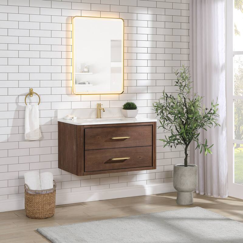 Cristo Floating Bath Vanity with White Quartz Stone Top and Mirror