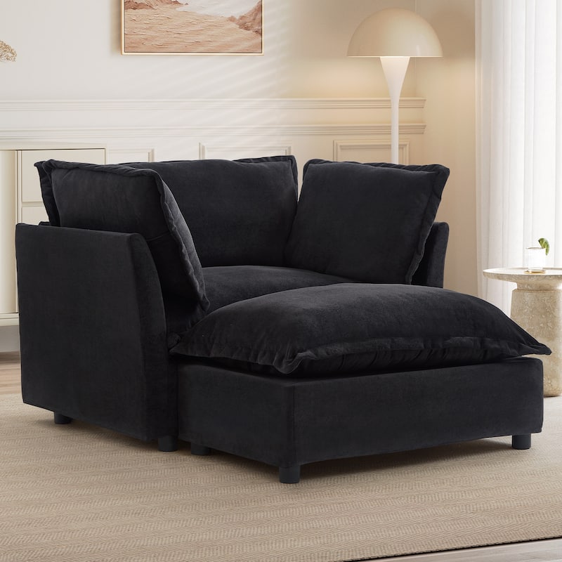 47" Cozy Upholstered Armchair with Movable Ottoman, Wide Seat, Curved Armrests and Soft Pillows - Black