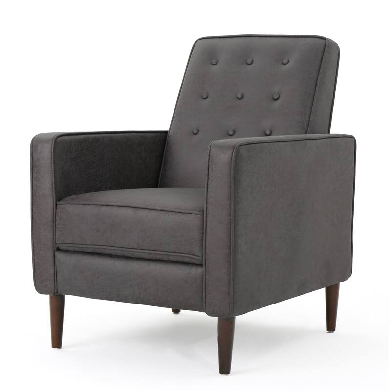 Gray Microfiber Mid-Century Push Back Recliner, Footrest, Button Back, Beech Legs