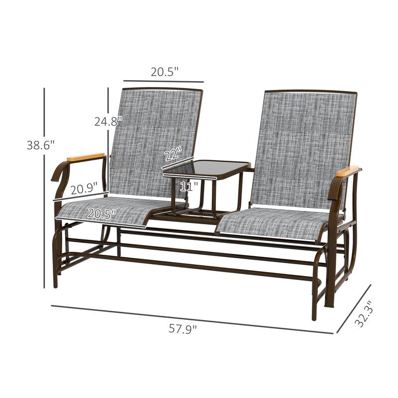 Outdoor Double Glider Bench with Table, Patio Loveseat with Breathable Mesh & Steel Frame