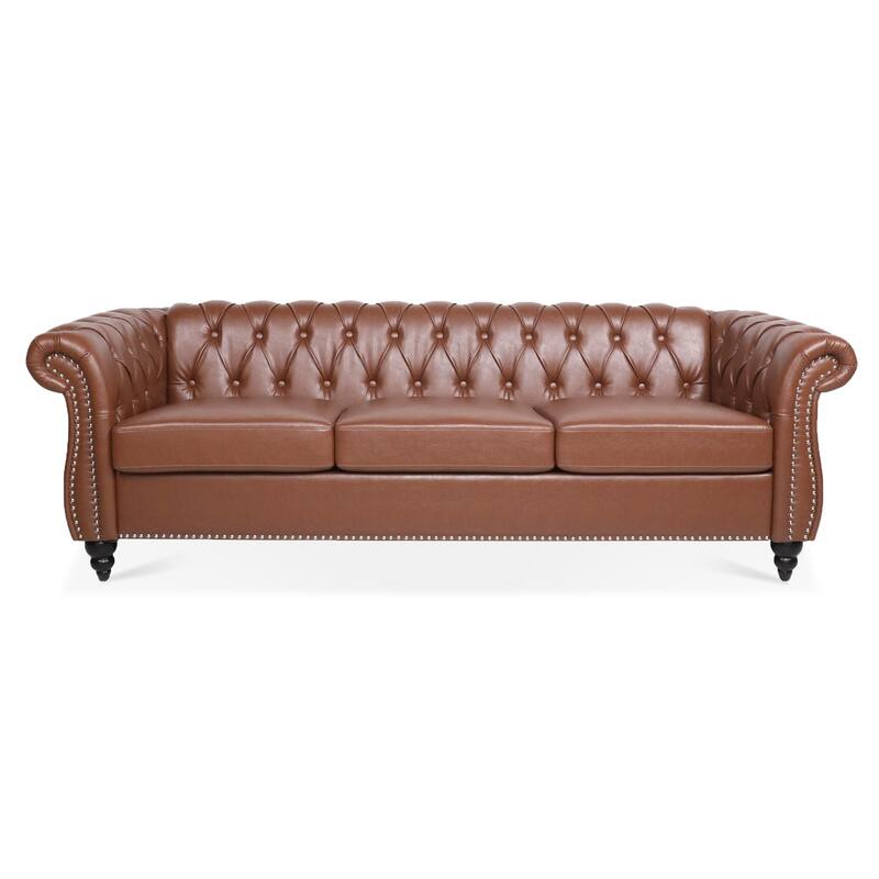 84.65"PU Rolled Arm Chesterfield Three Seater Sofa.