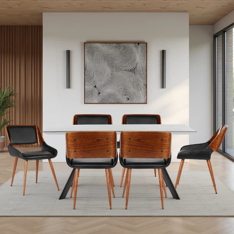 Mid-Century Modern Walnut Wood Upholstered Dining Chair - Set of 6 - Black & Walnut