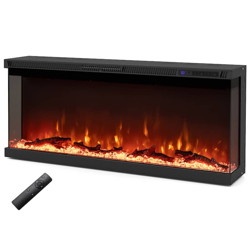 Black 3-Sided Electric Fireplace with Remote and Panoramic Tempered Glass Flames 5000 BTU Heater