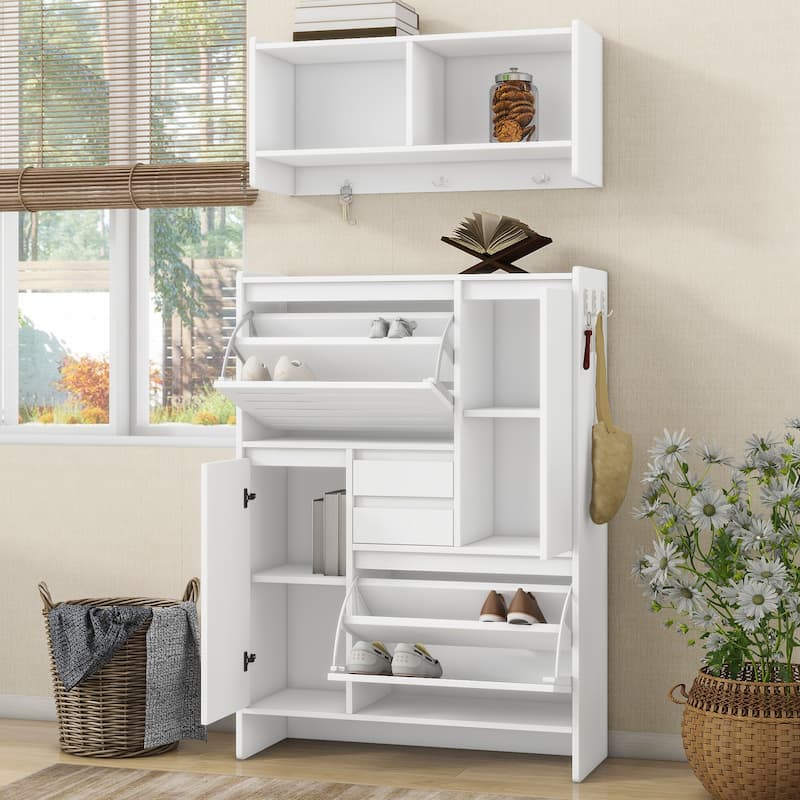 Shoe Storage Cabinet with Wall Cabinet, Breathable Flip Drawer Shoe Rack, Space-Saving Shoe Organizer Cabinet for Entryway - White