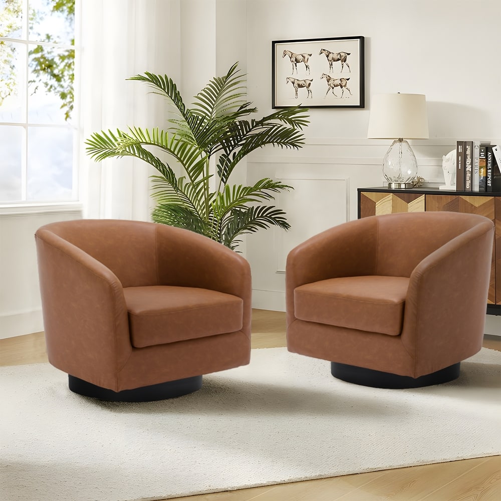 2 Set Modern Vegan Faux Leather Swivel Barrel Accent Chair