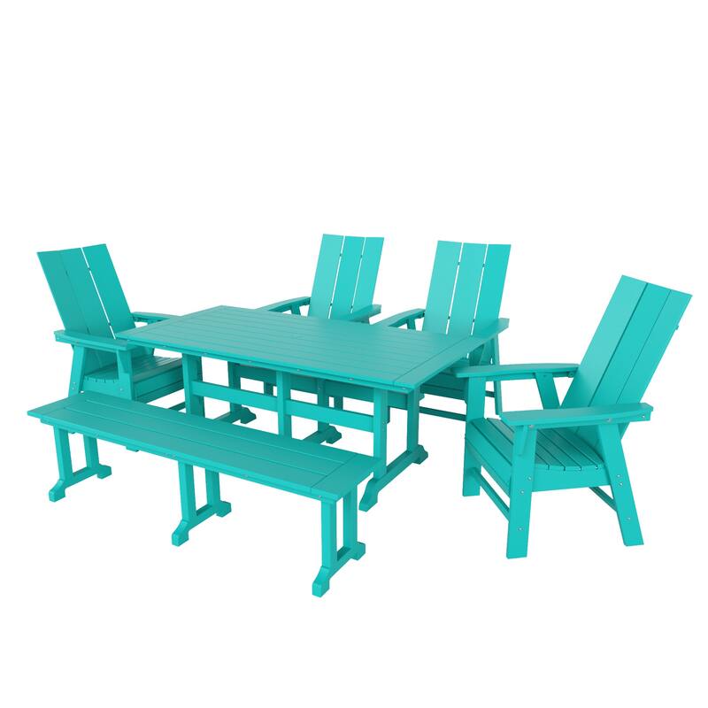 Shoreside 6-Piece Rectangular Poly Eco-Friendly All Weather Outdoor Dining Set with Bench - Turquoise