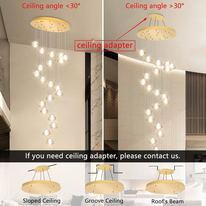 KAYLA 30-Lights Gold Modern Crystal Chandelier for Staircases, 157" Extra-Long Adjustable LED Ceiling Light