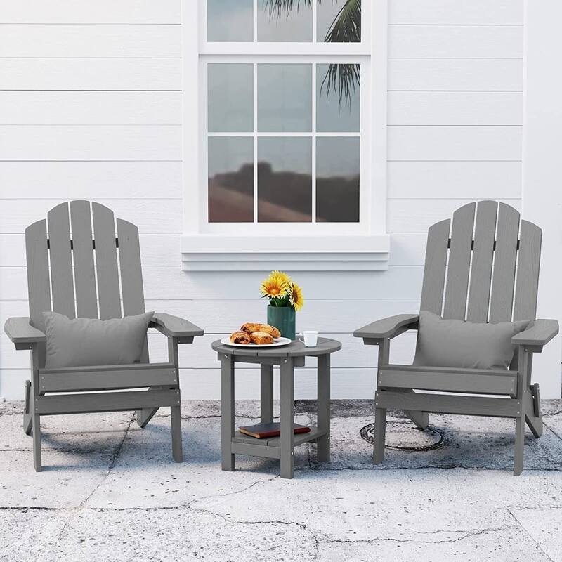 WINSOON 3-Piece All Weather HIPS Outdoor Folding Adirondack Chairs and Table Set - Grey