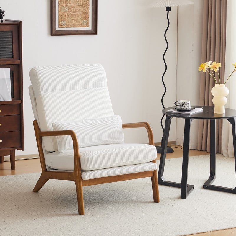 High Back Solid Wood Armrest Backrest Leisure Chair Accent Chair - White-Corduroy